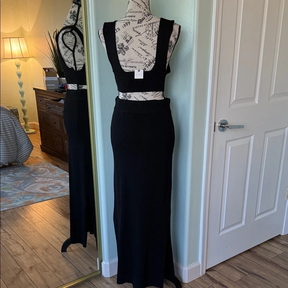 Anthropologie Black “Ribbed” Knit Skirt Set